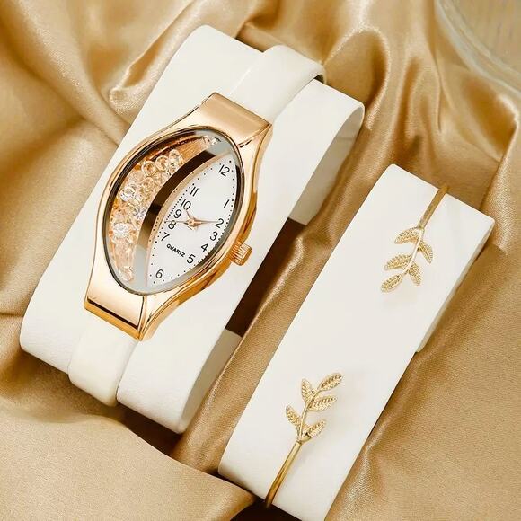 Watch Women Bracelet Set Gold & Beige Quartz Analog - Picture 1 of 5